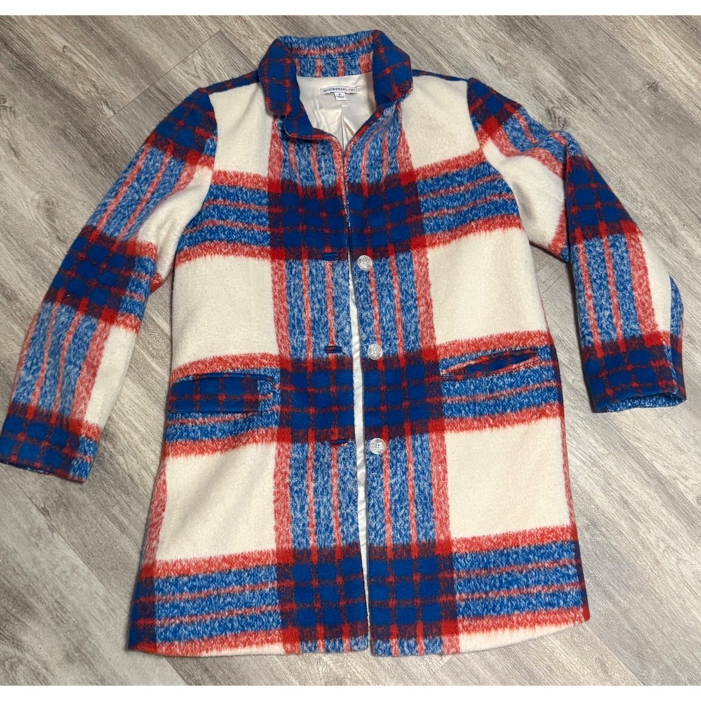 Isaac Mizrahi Live Womens Plaid Button Front Coat Red White Blue Size 6